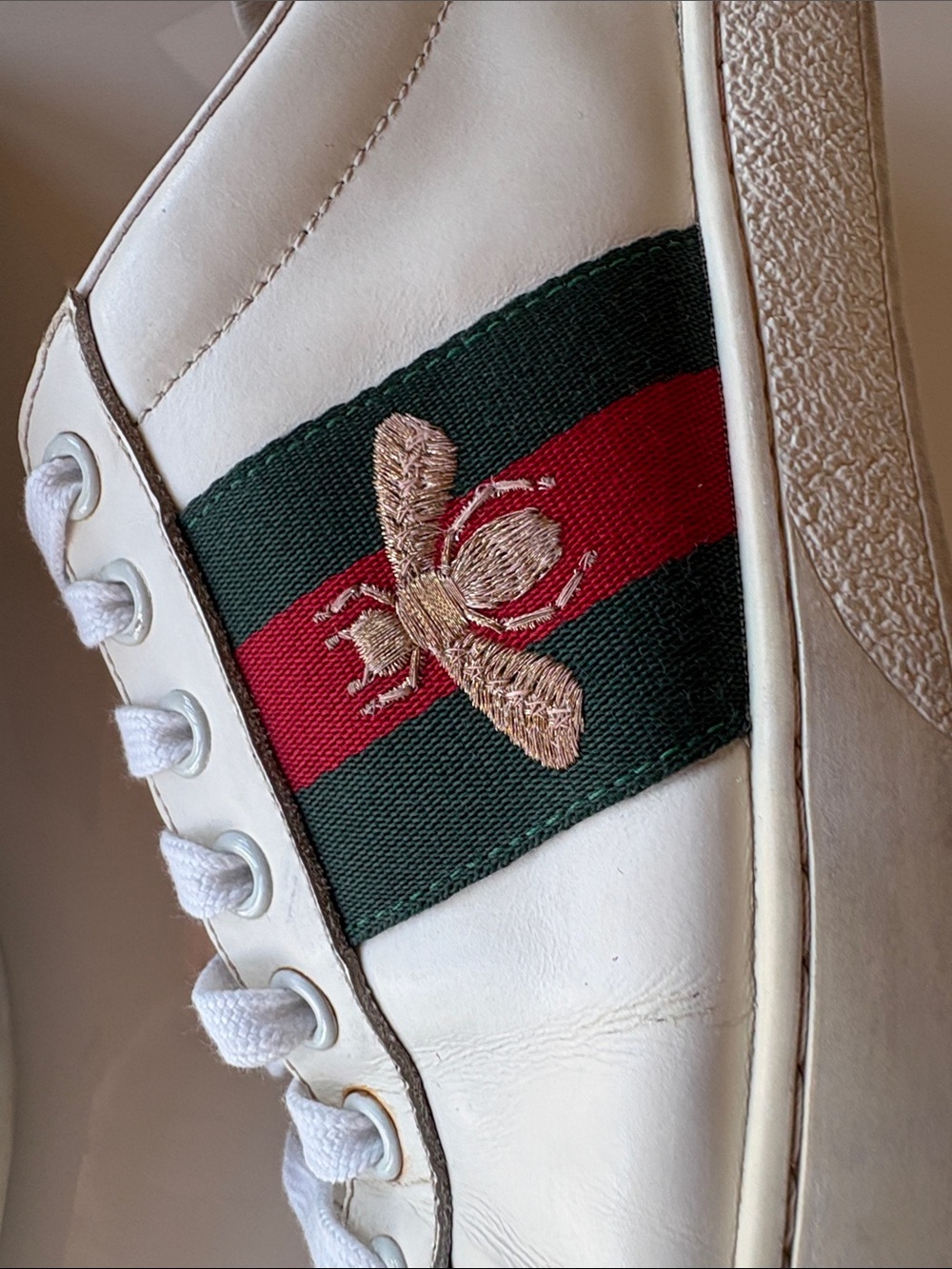 Gucci White Leather Sneakers with Green and Red Web and Gold Bee - Picture 2 of 8